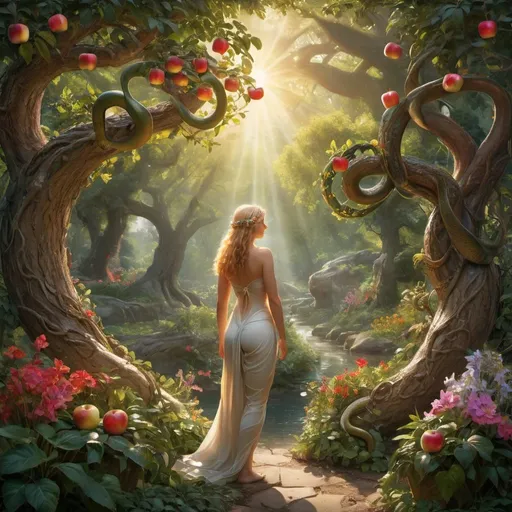 Prompt: 

Create a stunning and detailed image of the Garden of Eden. In the center, depict Eve, with flowing hair and an expression of curiosity and temptation on her face, reaching out towards an apple. Nearby, illustrate a sinuous and elegant serpent coiled around the tree, its scales glistening and eyes gleaming with cunning. Surround them with lush, vibrant foliage, colorful flowers, and radiant sunlight filtering through the trees, casting a magical glow over the scene