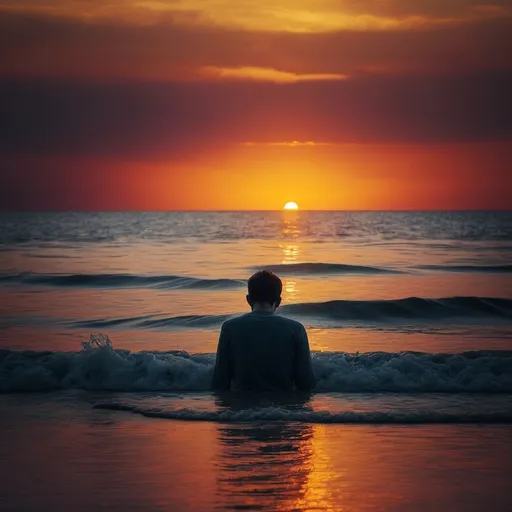 Prompt: person sad in sea sunset time