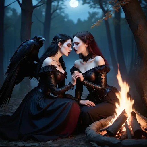 Prompt: (vampire woman biting into the neck of another woman next to a romantic campfire), (magical forest at night), raven-haired beautiful vampire, dark red lips, pale skin, brown eyes, dark red leather armor, blonde-haired pale woman, blue eyes, blue sheer elegant dress, sitting close together, (romantic), (warm firelight casting shadows), (moonlit sky), glowing magical flora, high detail, cinematic lighting, ultra-detailed, 4K, (gothic atmosphere).