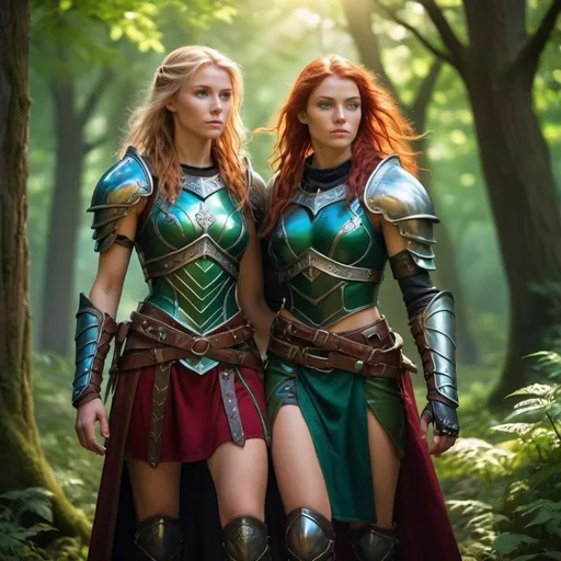 Prompt: A 6'3" tall blonde-haired, blue-eyed female druid in full green and blue leather armor holding hands with a 4'11" red-haired, brown-eyed female rogue in full red and black leather armor, photorealistic, cinematic lighting, vibrant colors, magical forest background, mystical atmosphere, ultra-detailed, character expressions of determination and camaraderie, high-quality, 4K resolution, lush greenery around them, dramatic and enchanting mood, rays of Sunlight filtering through trees.