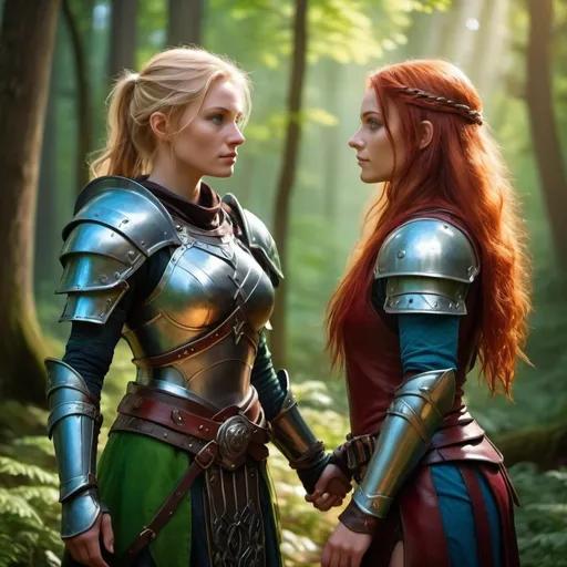 Prompt: A 6'3" tall blonde-haired, blue-eyed female druid in full green and blue leather armor holding hands with a 4'11" red-haired, brown-eyed female rogue in full red and black leather armor, photorealistic, cinematic lighting, vibrant colors, magical forest background, mystical atmosphere, ultra-detailed, character expressions of determination and camaraderie, high-quality, 4K resolution, lush greenery around them, dramatic and enchanting mood, rays of Sunlight filtering through trees.