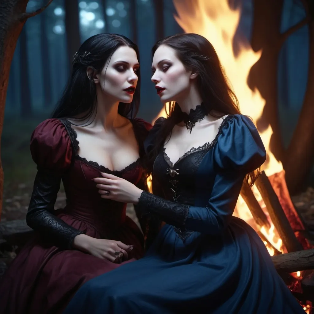 Prompt: (vampire woman biting into the neck of another woman next to a romantic campfire), (magical forest at night), raven-haired beautiful vampire, dark red lips, pale skin, brown eyes, dark red leather armor, blonde-haired pale woman, blue eyes, blue sheer elegant dress, sitting close together, (romantic), (warm firelight casting shadows), (moonlit sky), glowing magical flora, high detail, cinematic lighting, ultra-detailed, 4K, (gothic atmosphere).