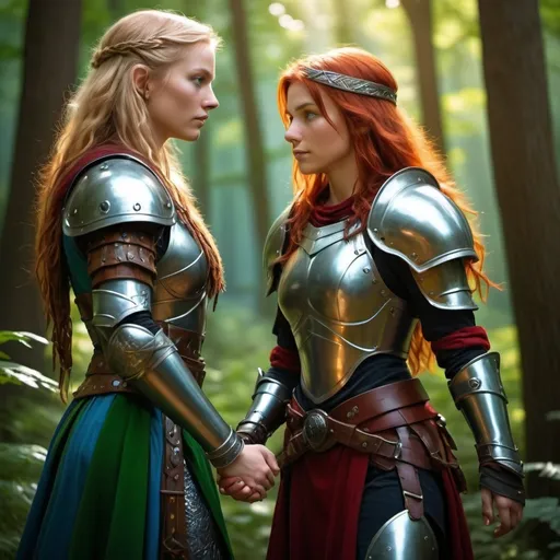 Prompt: A 6'3" tall blonde-haired, blue-eyed female druid in full green and blue leather armor holding hands with a 4'11" red-haired, brown-eyed female rogue in full red and black leather armor, photorealistic, cinematic lighting, vibrant colors, magical forest background, mystical atmosphere, ultra-detailed, character expressions of determination and camaraderie, high-quality, 4K resolution, lush greenery around them, dramatic and enchanting mood, rays of Sunlight filtering through trees.