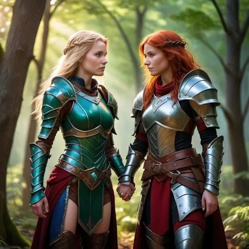 Prompt: A 6'3" tall blonde-haired, blue-eyed female druid in full green and blue leather armor holding hands with a 4'11" red-haired, brown-eyed female rogue in full red and black leather armor, photorealistic, cinematic lighting, vibrant colors, magical forest background, mystical atmosphere, ultra-detailed, character expressions of determination and camaraderie, high-quality, 4K resolution, lush greenery around them, dramatic and enchanting mood, rays of Sunlight filtering through trees.