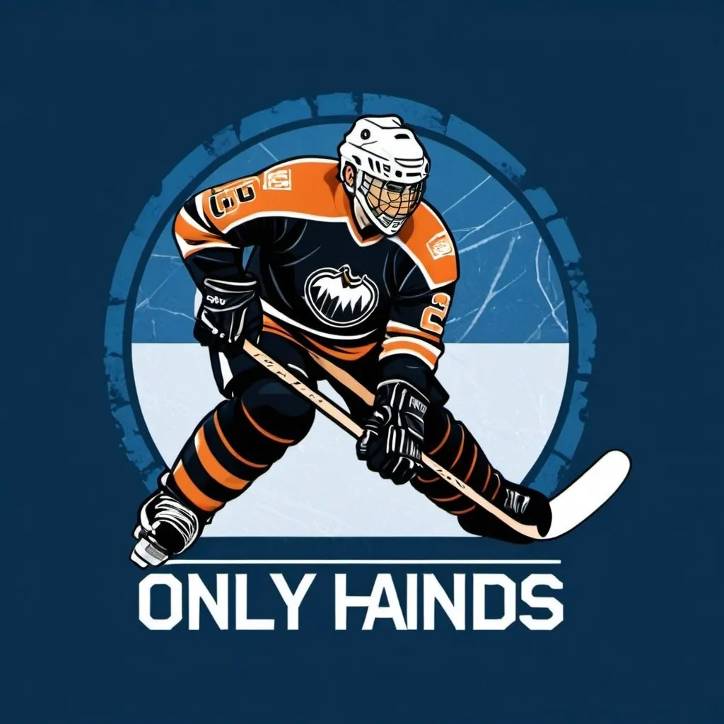 Prompt: a logo of an ice hockey player scoring a goal with the words 'Only Hands' 
