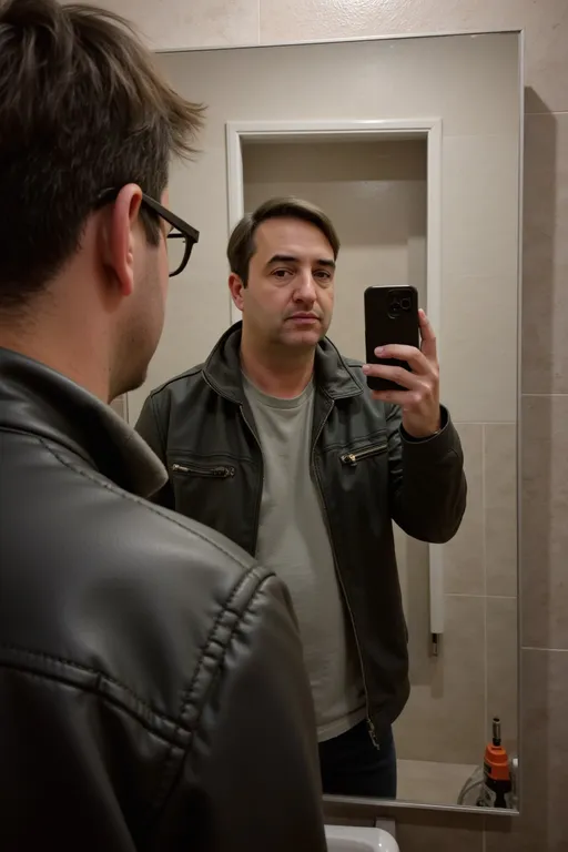 Prompt: a man taking a picture of himself in a mirror with his cell phone in his hand and another man in a leather jacket and sunglasses, Chafik Charobim, aestheticism, vfx, a stock photo