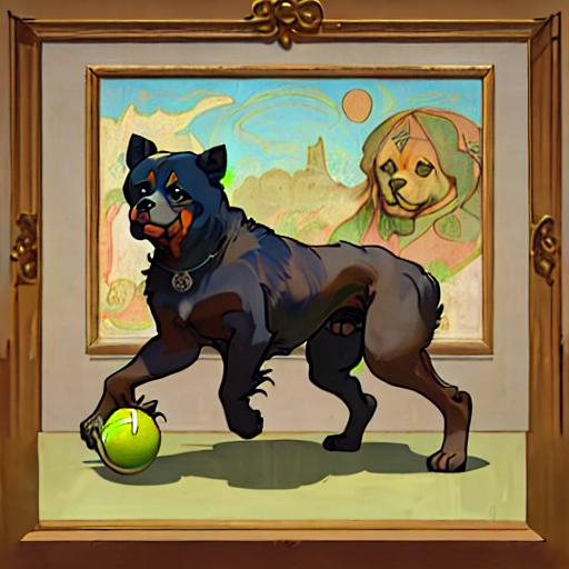 Prompt: Leonardo da Vinci's painting of a rottweiler with tennis ball