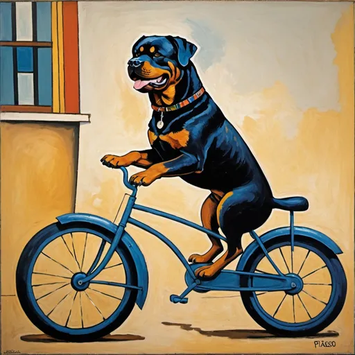 Prompt: Picasso painting of a rottweiler riding a bike 