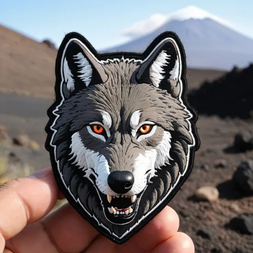 Prompt: Velcro patch. Military Style. Wolf head looking to the camera with a military helmet on.

In the back, the silouette of the Teide (volcano in Tenerife)