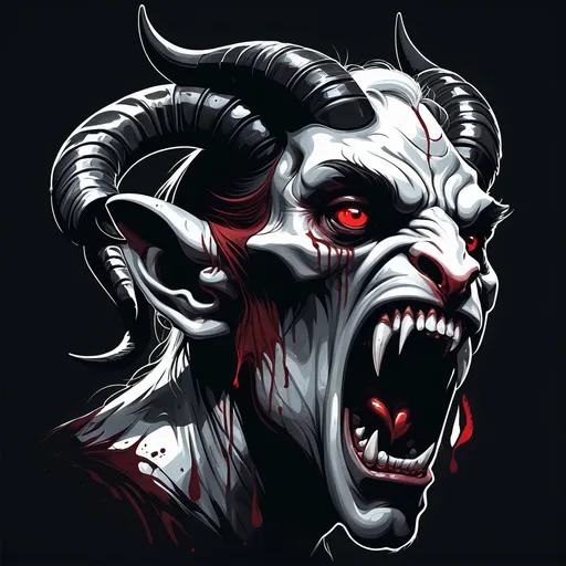 Prompt: A (demonic character) with an (angry face), featuring (sharp vampire fangs) and (imposing ram horns) pointing backward, (dark and intense illustration style), (blood flowing from his ear) quietly. A (foreboding atmosphere) surrounds him, accentuated by rich, deep colors and high contrast shadows, reminiscent of dark fantasy art. The composition captures a sense of intensity and dread, creating an engaging and ominous mood.