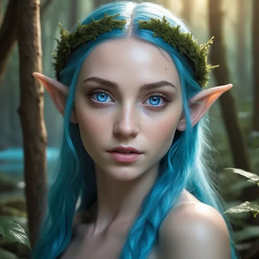 Prompt: photorealistic image, extraordinarily beautiful elf, lagoon-blue eyes, slender body, enchanted forest, high quality, detailed, realistic, fantasy, ethereal, magical lighting, enchanting atmosphere, fantasy, forest, detailed facial features, serene, mystical, professional