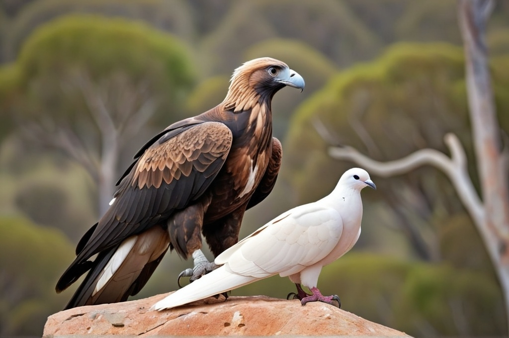 Prompt: Wedge tailed Eagle on a perch and a white dove on a rock below