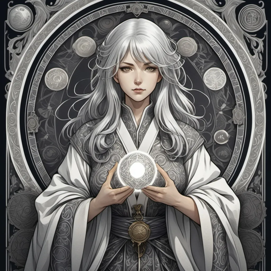 Prompt: tarot card Anime illustration, a silver-haired woman, detailed ornate cloth robe, dramatic lighting in gray white in colour .also fill Back ground with ancient engraving s