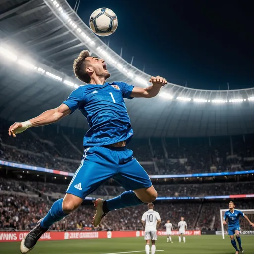 Prompt: Imagine a soccer player soaring through the air, his blue jersey billowing behind him as he connects with the ball in a perfect header. The stadium erupts in cheers as the ball sails past the goalkeeper into the top corner of the net, capturing a moment of pure athletic brilliance.