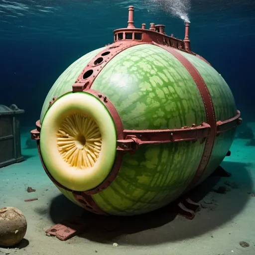 Prompt: Melon in a submarine at the wreck of the Titanic