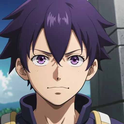 Prompt: Mitsuki has dark purple hair, purple eyes, and tan skin. He is 5'8 and has a a scar up his face from his jaw that looks like his skin is cracking. my hero academia anime screencap