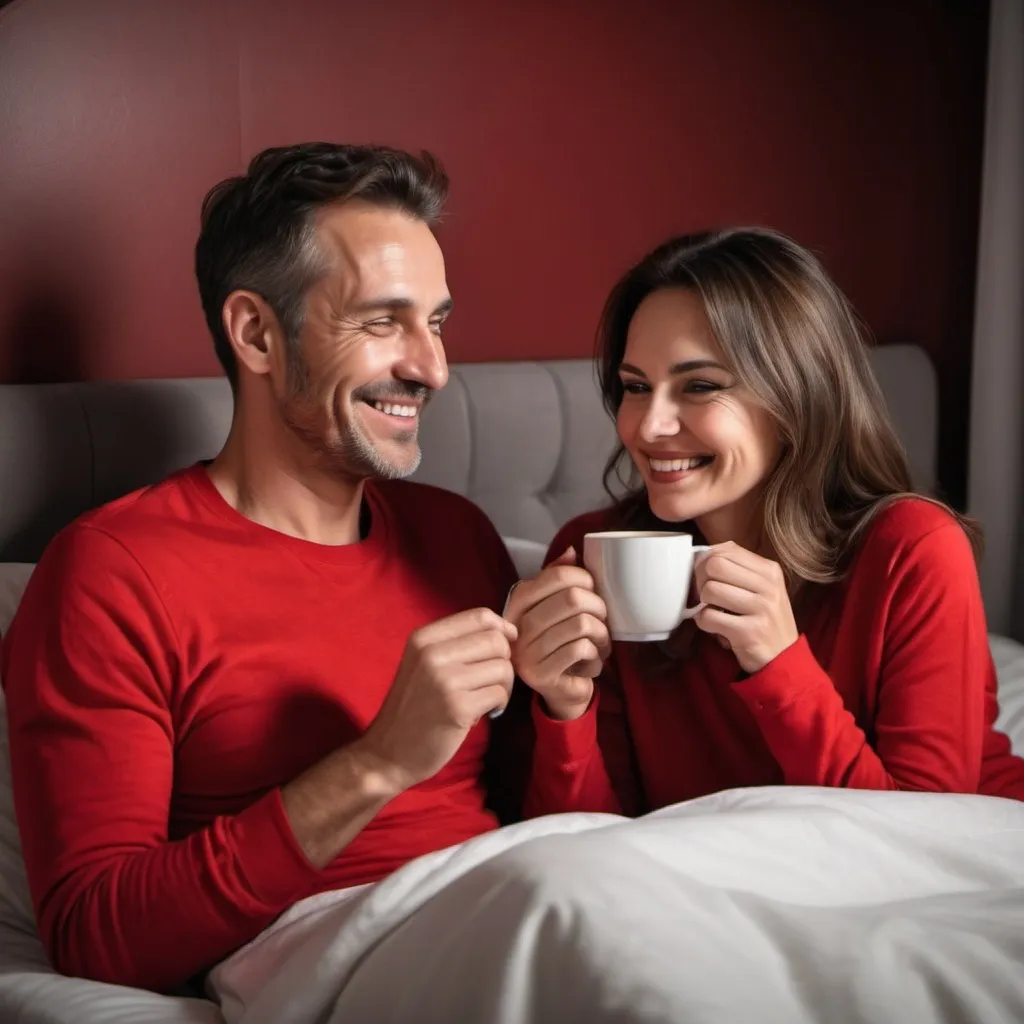 Prompt: A realistic photo of a happy wife wear red night grown sharing a cup of coffee to her husband with a smile before sleep. The room is a little dim.