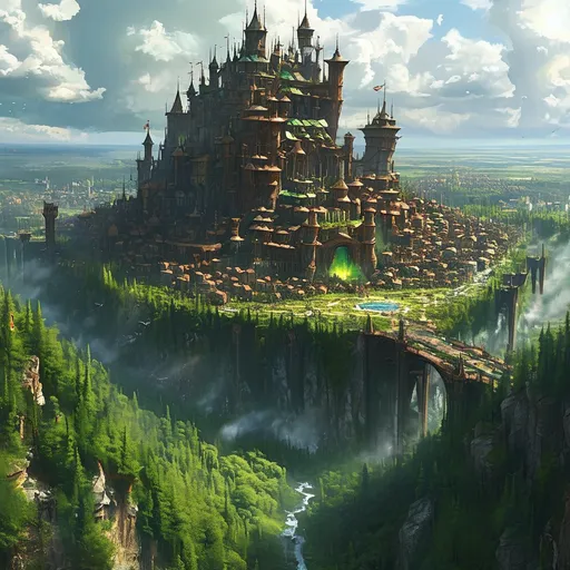 Prompt: A sprawling city built on the edge of a gysers and green mesa. The architecture is grand, with towering wooden buildings adorned with stone carvings. The city has a blend of rustic charm and regal grandeur, with wide streets lined with trees and statues. The central castle is made of dark stone and wood. The people are proud and hardworking, with knights in shining armor patrolling the streets. The banners of Cait, featuring a green tree on a silver background, fly from every tower. The forest looms in the background, adding an air of mystery to the city.