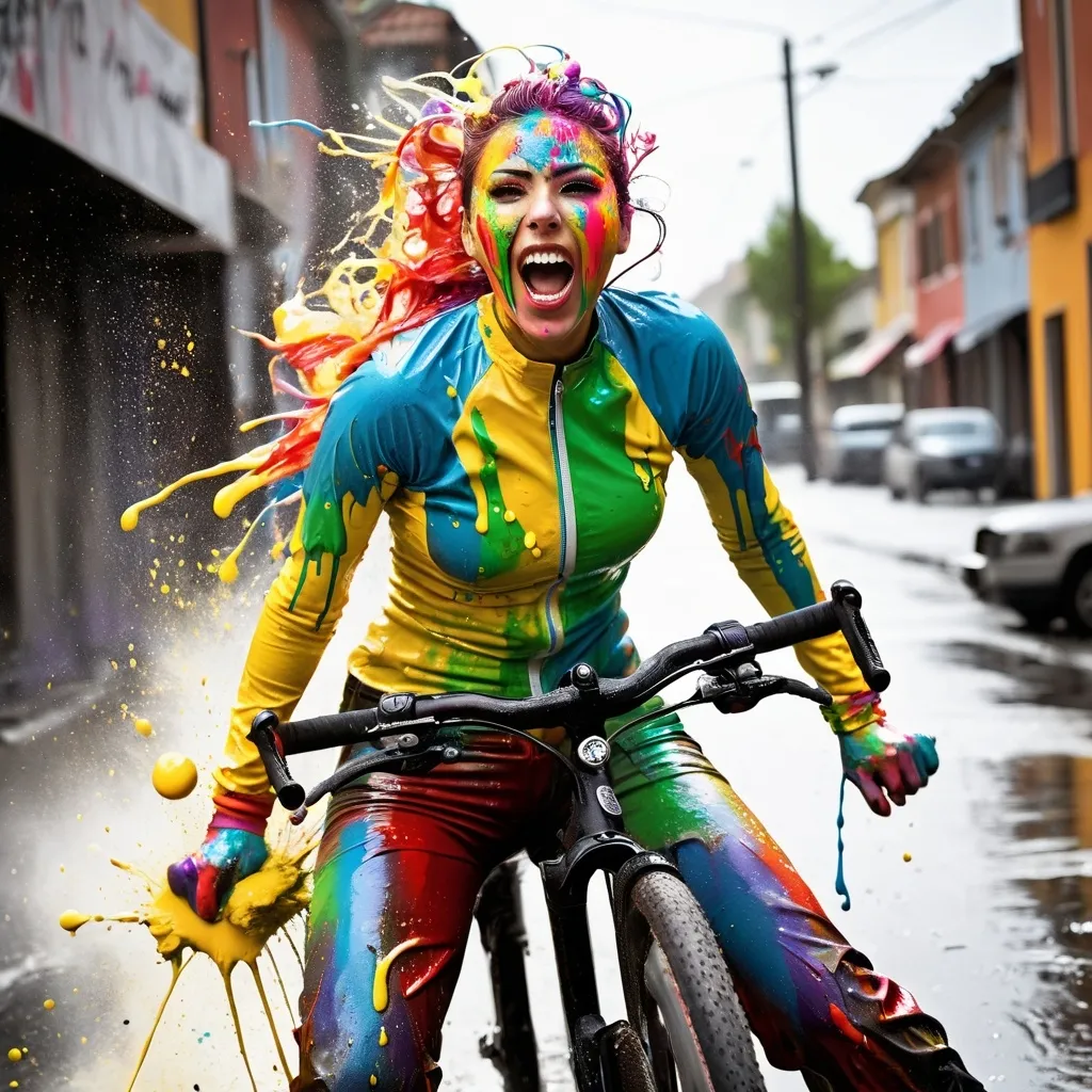 Prompt: full body, best lighting, best shadows, dynamic poses woman, solo, shock, in cycling costume covered with colored cream, Wet drips, best quality, super detailed, join them paint wars, smashed with colored cream and get bombarded with paint, their hair splashed with colored cream, exaggerated movements and perspective  messy game, wet, throw paint, color oil splashed on face, colored cream splashed on clothes, stained clothes, wet clothes, paint explosion, crushed color splash, smeared paint, color wars, ruined clothes, dirty hair, dirty face, whipped cream in mouth, color splash, cream stain, splash art, colorful and gorgeous, picture absurd, sci-fi, imaginative, incredible, background painted with colorful paint