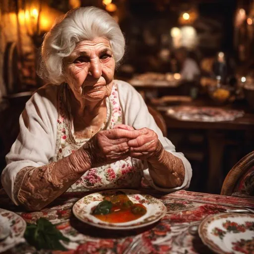 Prompt: Italian grandmother enjoying dinner alone, white hair, traditional Italian kitchen, rustic wooden table, authentic homemade meal, vintage floral tablecloth, warm and cozy atmosphere, antique furniture, detailed facial expression, high quality, traditional art style, warm tones, soft and warm lighting, nostalgic ambiance, vintage, detailed wrinkles, sentimental, heartwarming