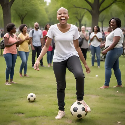 Prompt: Please create a photo of a teenage black girl who happens to be bald, juggling a soccer ball with her feet. She is bald and has no eyebrows. She is laughing. She is in a park with some bystanders in the background. This is a photo realistic image.