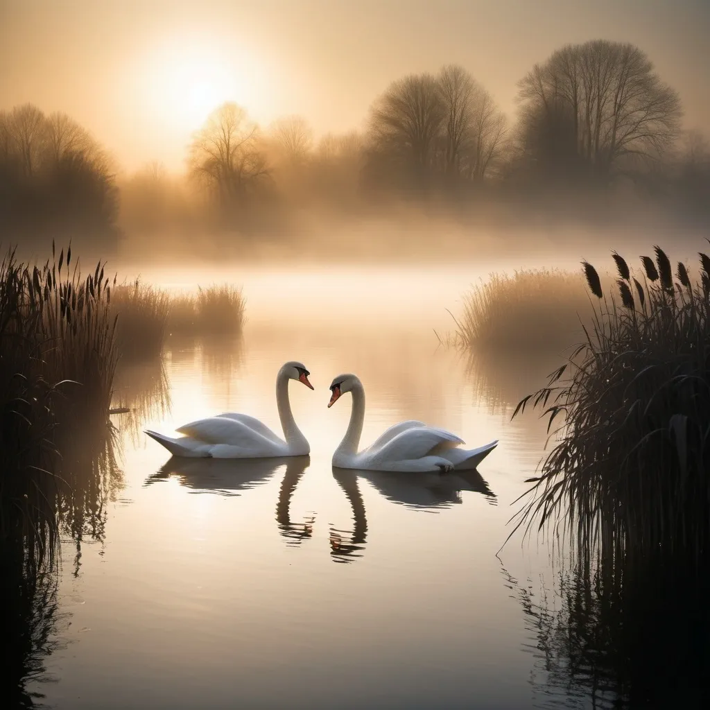 Prompt: photograph, a couple of swans viewed through the reeds floating on top of a lake, volumetric light and mist, beautiful natural backlight, in volumetric soft glowing mist, a MAGICAL misty glow, glowing mist, DRAMATIC backlit fog, beautiful backlight, radiant morning light, mystic light,  hazy sun and mystical light 