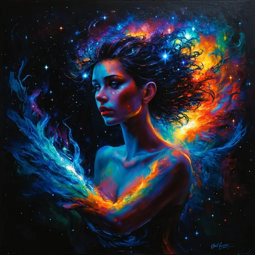 Prompt: dark fantasy painting woman profile. Her cosmic-themed hair is swirling galaxies and stars, another bright, vibrant galaxy spreads across her arms, with hues of blues, red, and orange. a dark background, enhances the contrast and drama. sophisticated and stylish aesthetic, enchanting work of art., painting, dark fantasy
