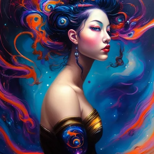 Prompt: dark fantasy painting woman profile. Her cosmic-themed hair is swirling galaxies and stars, another bright, vibrant galaxy spreads across her arms, with hues of blues, red, and orange. a dark background, enhances the contrast and drama. sophisticated and stylish aesthetic, enchanting work of art., painting, dark fantasy