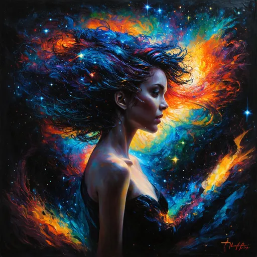 Prompt: dark fantasy painting woman profile. Her cosmic-themed hair is swirling galaxies and stars, another bright, vibrant galaxy spreads across her arms, with hues of blues, red, and orange. a dark background, enhances the contrast and drama. sophisticated and stylish aesthetic, enchanting work of art., painting, dark fantasy