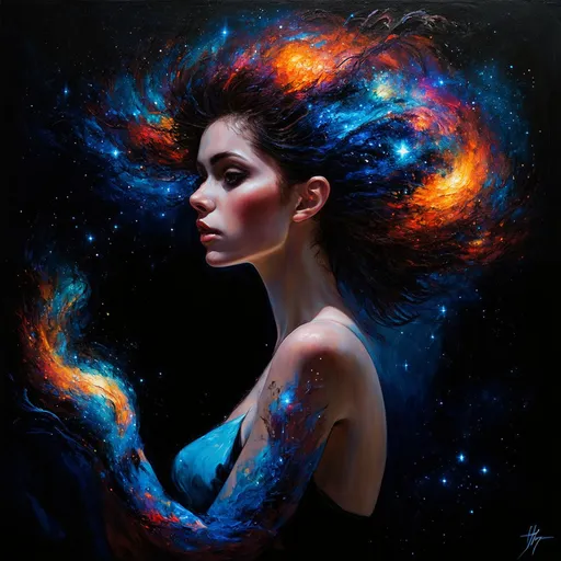 Prompt: dark fantasy painting woman profile. Her cosmic-themed hair is swirling galaxies and stars, another bright, vibrant galaxy spreads across her arms, with hues of blues, red, and orange. a dark background, enhances the contrast and drama. sophisticated and stylish aesthetic, enchanting work of art., painting, dark fantasy
