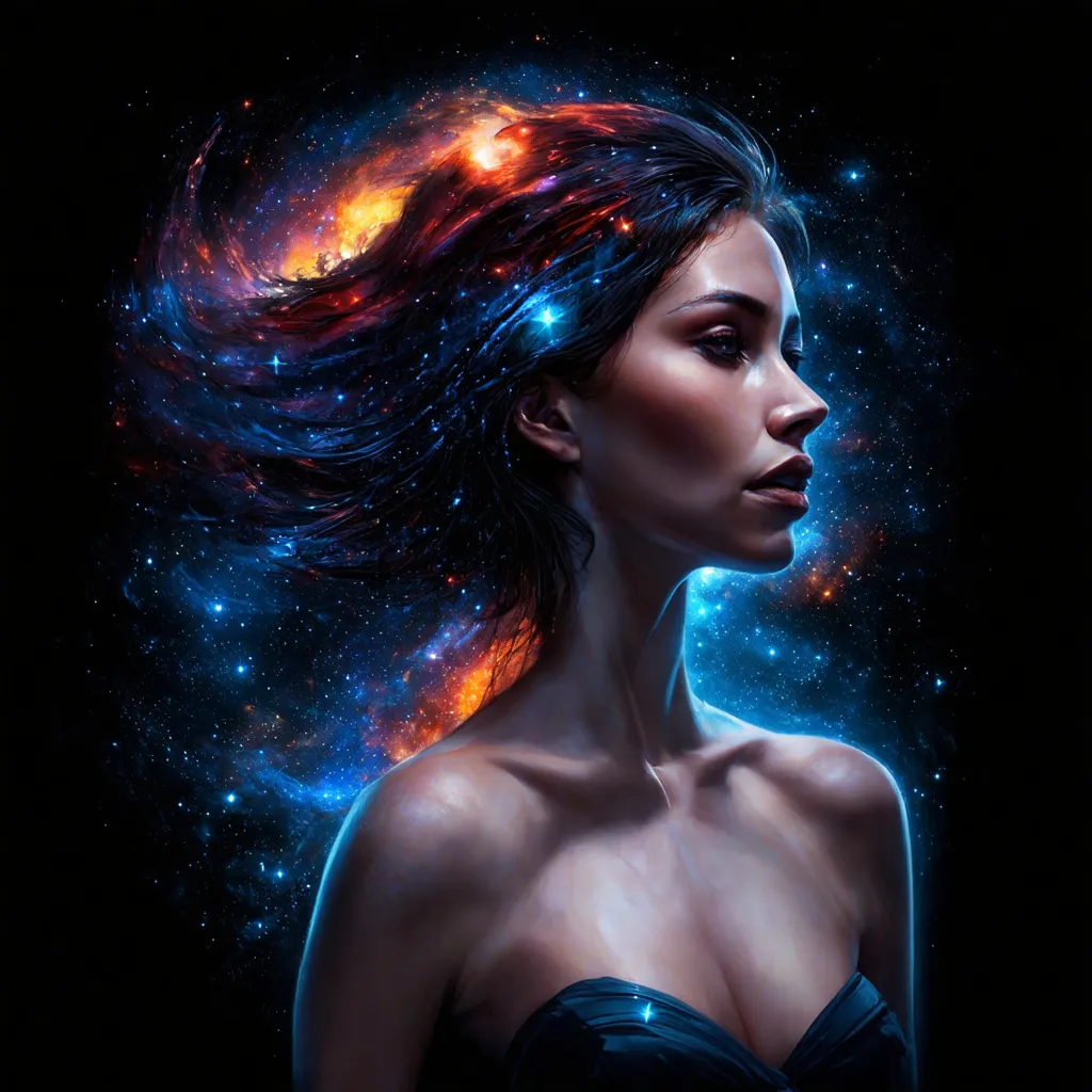 Prompt: fantasy sci-fi woman profile. galaxies and stars swirl through her hair, around her head neck and down her shoulders with hues of blues, red, and orange. background is black with distant galaxies and stars