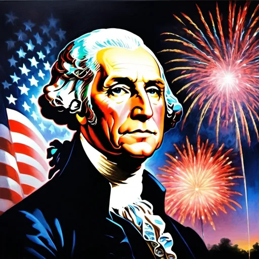 Prompt: deep contrast, heavy saturation, Americana, President Washington, oil painting, double-exposure, colorful fireworks