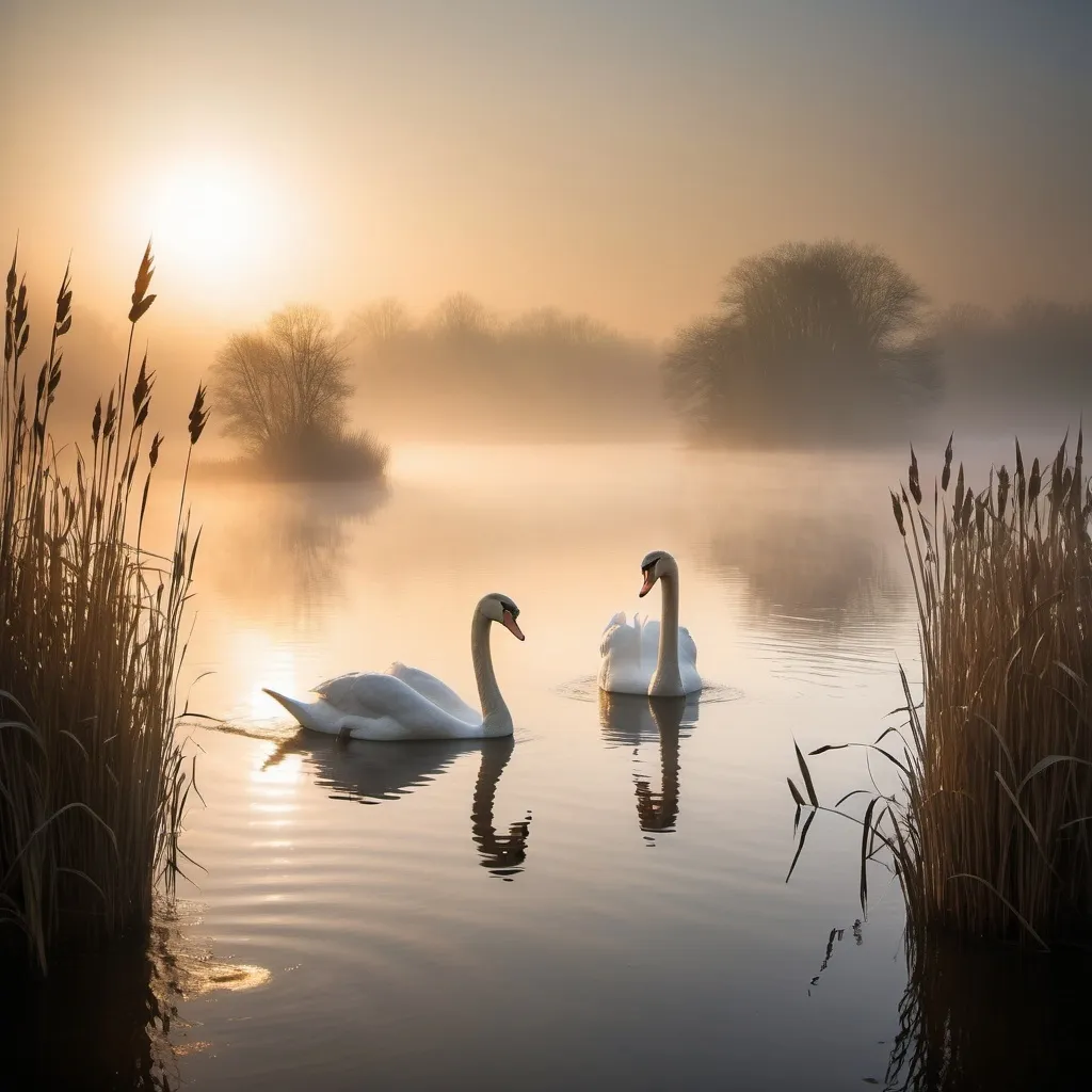 Prompt: photograph, a couple of swans viewed through the reeds floating on top of a lake, volumetric light and mist, beautiful natural backlight, in volumetric soft glowing mist, a MAGICAL misty glow, glowing mist, DRAMATIC backlit fog, beautiful backlight, radiant morning light, mystic light,  hazy sun and mystical light 