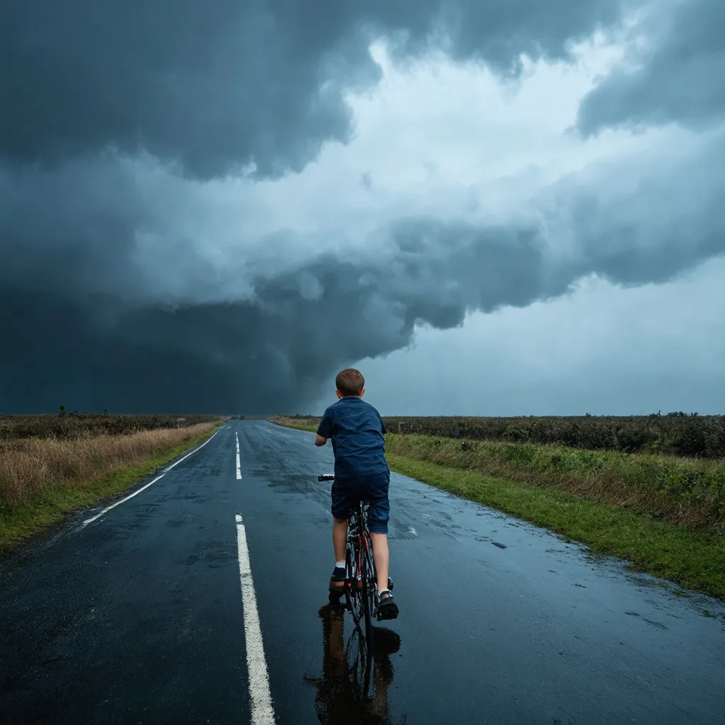 Prompt: Photograph,  Unsplash contest winner, hyper-realistic, a wet country road, a little boy walking his bike. the distant background is flooded, huge, billowy storm clouds in the skies