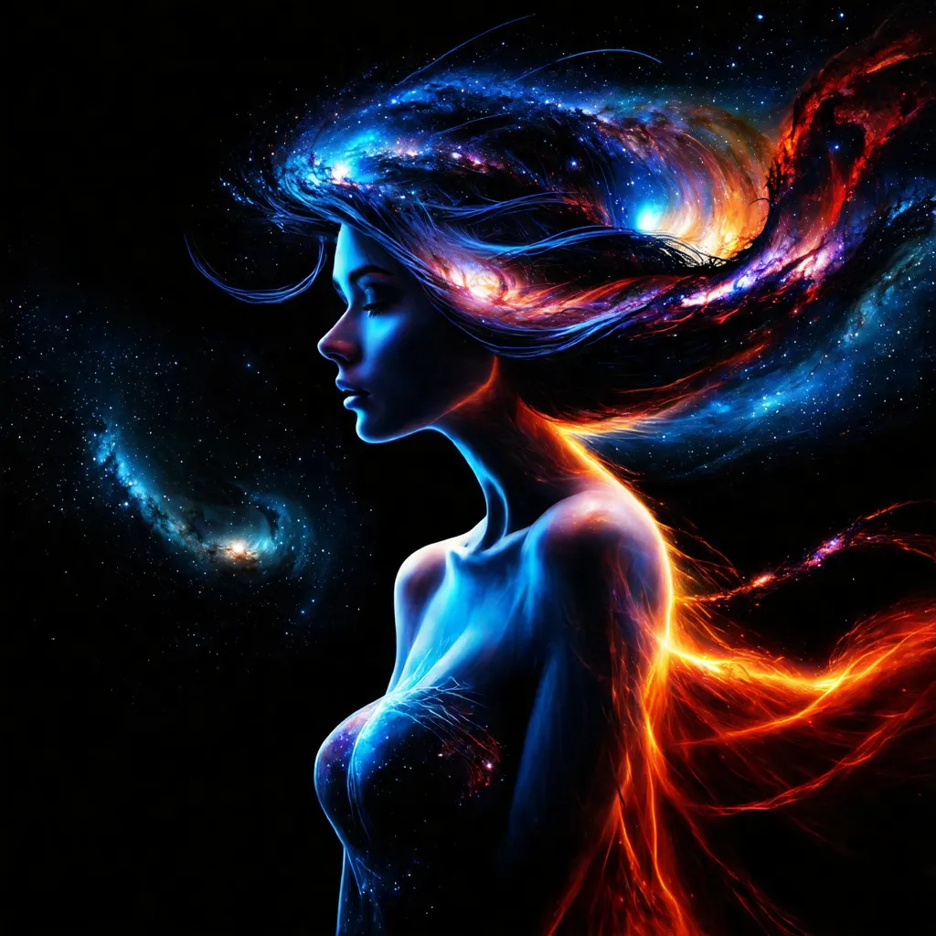 Prompt: fantasy sci-fi woman profile. galaxies and stars swirl through her hair, around her head neck and down her shoulders with hues of blues, red, and orange. billowing galaxies swirl down her arm.  background is black with distant galaxies and stars