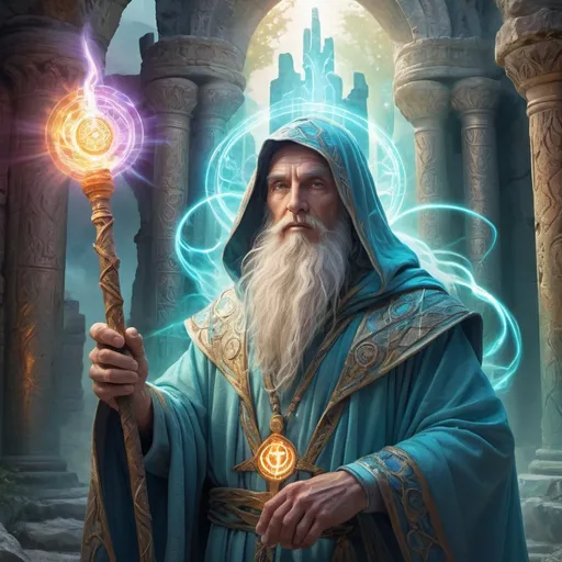 Prompt: High-quality fantasy illustration of a powerful wizard holding a staff with an etherium symbol, mystical aura surrounding the wizard, detailed facial features with wise expression, flowing robes with intricate patterns, ancient ruins in the background, magical energy emitting from the staff, surreal and vibrant color palette, ethereal lighting, fantasy, wizard, powerful, etherium symbol, mystical aura, detailed facial features, flowing robes, ancient ruins, magical energy, surreal, vibrant colors, ethereal lighting