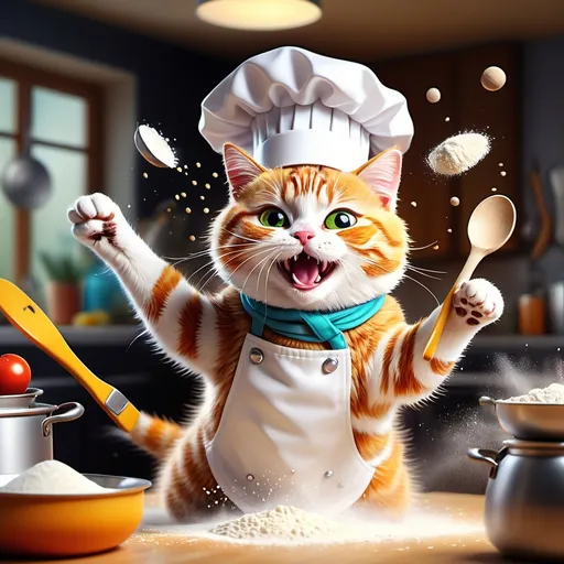 Prompt: Cat cooking and dancing, vibrant kitchen scene, high-energy and playful atmosphere, whimsical background with colorful cooking utensils, cheerful and lively mood, the cat wearing a cute chef's hat, utensils flying around, flour in the air, detailed fur texture, bright colors, soft lighting, ultra-detailed, 4K quality, capturing joyful moments of cooking and fun.