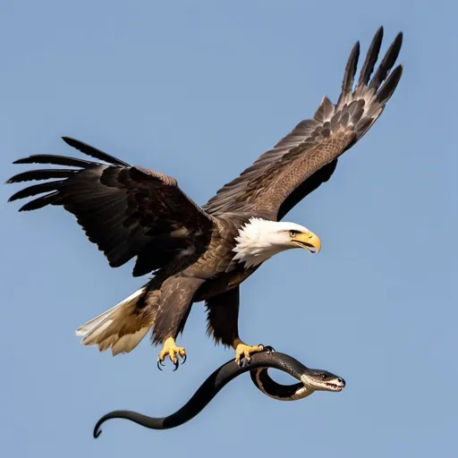 Prompt: AN EAGLE FLYING WITH A SNAKE IN ITS NAIL