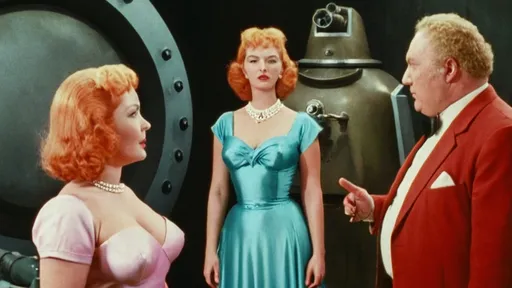 Prompt: screengrab of 1950s super panavision 70 movie, retro in color, planet caladan, harkonnen whores next to the baron vladimir harkonnon