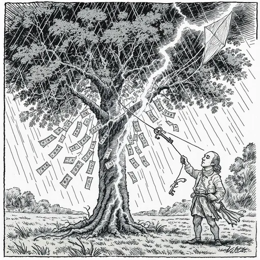 Prompt: A tree with dollar bills hanging from it by strings on a rainy day with Benjamin Franklin standing beside flying a kite with a key attached. Lightning striking the tree in the style of Winsor McCay.