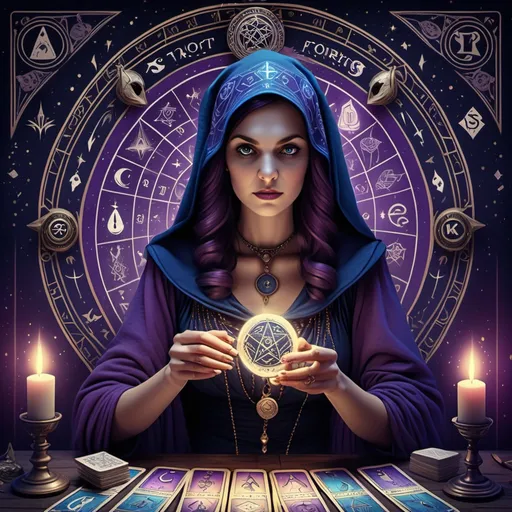 Prompt: vintage tarot reading poster, (medieval fortune teller woman) surrounded by (mystical symbols), emanating a (magical aura), retro design elements, (dark and moody ambiance) with cool color tones of deep blues and purples, intricate details of the character’s clothing and accessories, atmospheric backdrop enhancing the fortune-telling theme, (4K) ultra-detailed visuals.