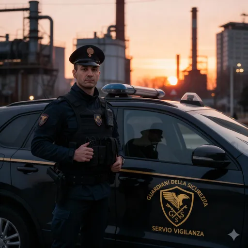 Prompt: Il.soggetto va con la sua auto presso una fabbrica al tramonto 