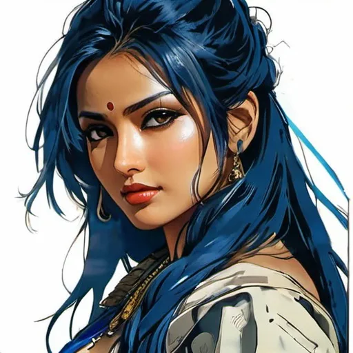Prompt: character profile sheet (((Yoji Shinkawa))), sticker of ultra detailed portrait of Sadaf Mohammed Sayed  (Indian actress who mainly appears in Telugu, Tamil, and Kannada films)in tribal cueitl dress, blue long hair, high quality cell shaded illustration in post apocalyptic style by Yoji Shinkawa, ((full body portrait)), dynamic pose, perfect anatomy, centered, freedom, soul, blue long hair, approach to perfection, cell shading, 4k , cinematic dramatic atmosphere, watercolor painting, global illumination, detailed and intricate environment, artstation, concept art, fluid and sharp focus, volumetric lighting, cinematic lighting, Art by Yoji Shinkawa,