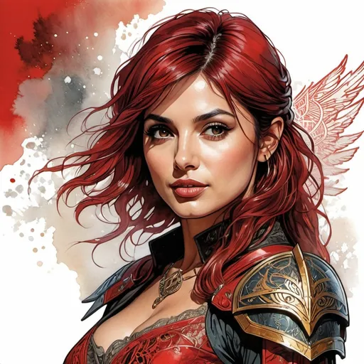 Prompt: Sticker of Morena Baccarin from Lord of the Rings,red hair, half body visible, choker, red lace mechsuit, comic style, Spaceships, Kim Jung Gi, soul, digital illustration, perfect anatomy, centered, approaching perfection, dynamic, highly detailed, watercolor painting, artstation, concept art, smooth, sharp, focus, illustration, art by Carne Griffiths and Wadim Kashin,