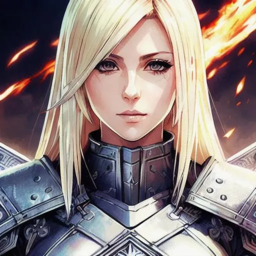 Prompt: Manga cover art. Sarah Michelle Geller, with blonde hair, wearing white holy armor from FFXIV, intricate cyberpunk tribal village, realistic face, emotional lighting, cover logo "Azmaat" , character illustration by Ilya Kuvshinov, chainsaw man, fire punch 