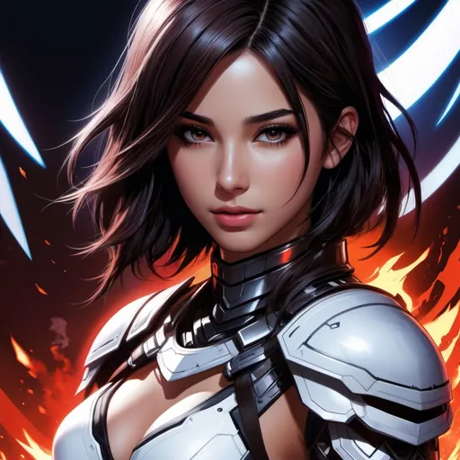 Prompt: Manga cover art. Naomi Scott with brown hair, wearing white Dark knight artifact armor from FFXIV, intricate cyberpunk tribal village, realistic face, emotional lighting, cover logo "Azmaat" , character illustration by Ilya Kuvshinov, chainsaw man, fire punch 