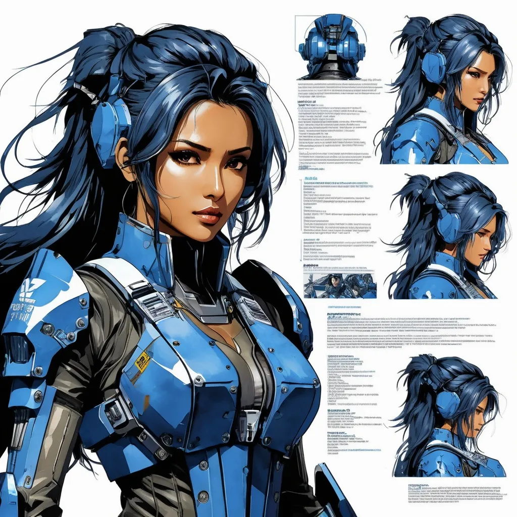 Prompt: character profile sheet (((Yoji Shinkawa))), sticker of ultra detailed portrait of Sadaf Mohammed Sayed  (Indian actress who mainly appears in Telugu, Tamil, and Kannada films)in dark blue mech armor, canon robotic hand, blue long hair, high quality cell shaded illustration in post apocalyptic style by Yoji Shinkawa, ((full body portrait)), dynamic pose, perfect anatomy, centered, freedom, soul, blue long hair, approach to perfection, cell shading, 4k , cinematic dramatic atmosphere, watercolor painting, global illumination, detailed and intricate environment, artstation, concept art, fluid and sharp focus, volumetric lighting, cinematic lighting, Art by Yoji Shinkawa,