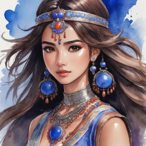 Prompt: a Dragon Quest watercolor concept art with Naomi Scott, brown hair, jumping in tribal cueitl, parted bangs, brown eyes, ethereal, jewelry set balayage wild hair, royal vibe, highly detailed, digital painting, Trending on artstation , HD quality, tan skin, Big Eyes,artgerm,by yoshitaka amano