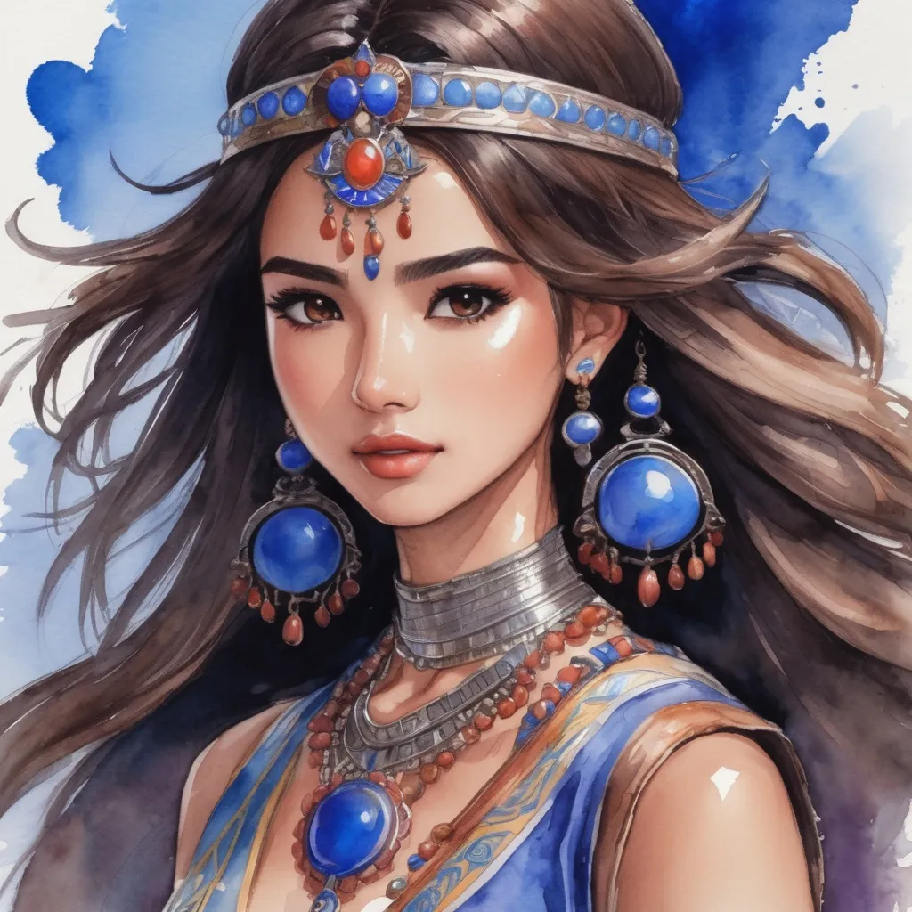 Prompt: a Dragon Quest watercolor concept art with Naomi Scott, brown hair, jumping in tribal cueitl, parted bangs, brown eyes, ethereal, jewelry set balayage wild hair, royal vibe, highly detailed, digital painting, Trending on artstation , HD quality, tan skin, Big Eyes,artgerm,by yoshitaka amano