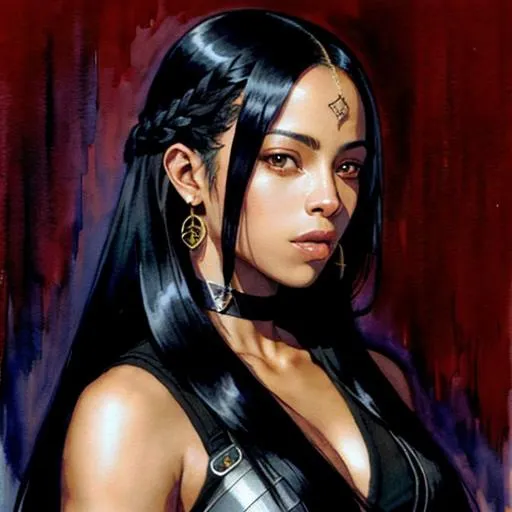 Prompt: Sticker of Aaliyah Dana Haughton from Lord of the Rings,braided black hair, half body visible, choker, wearing Black samurai armor, comic style, Spaceships, Kim Jung Gi, soul, digital illustration, perfect anatomy, centered, approaching perfection, dynamic, highly detailed, watercolor painting, artstation, concept art, smooth, sharp, focus, illustration, art by Ilya Kuvshinov,